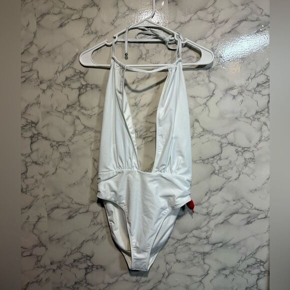 NEW Ramy Brook Annka Plunging One Piece Swimsuit White Halter One-Piece Size L - Picture 2 of 10